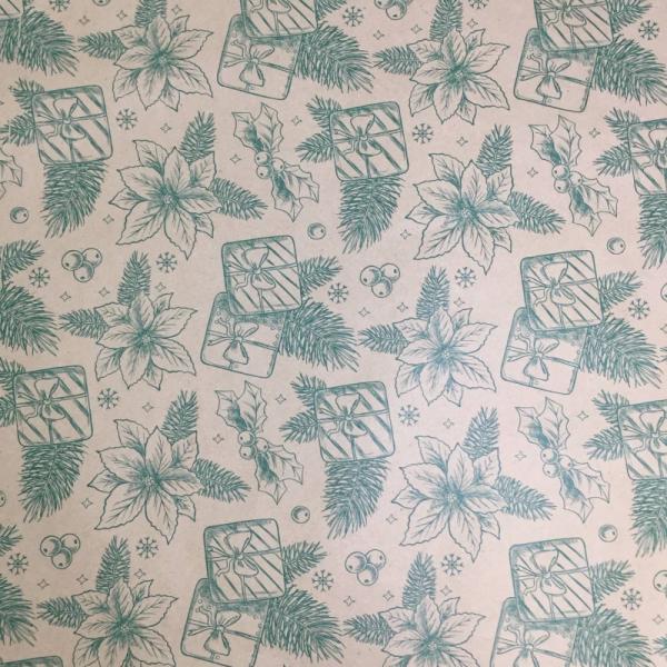 Упаковочная новогодняя бумага Цветы зеленая 70см/60пл/10м