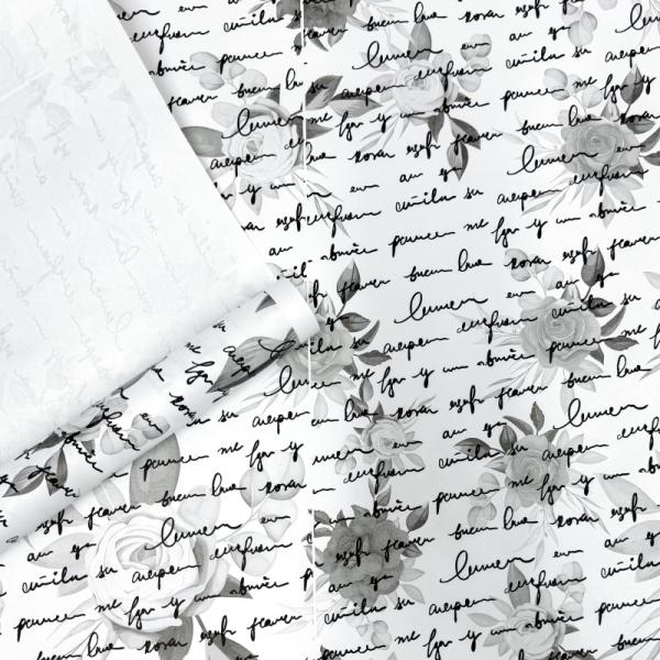 Крафт бумага Розы письмо серый/черный на белом фоне 700мм/70гр/10м ± 5%