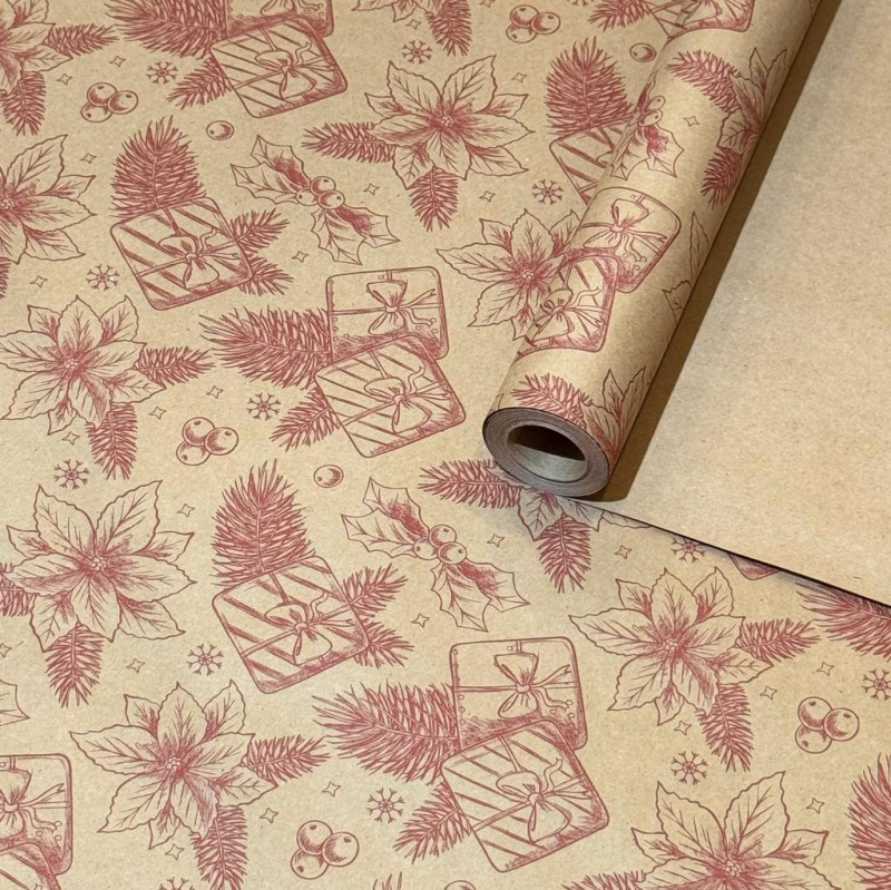 Упаковочная новогодняя бумага Цветы рубин на коричневом 68см/60пл/10м