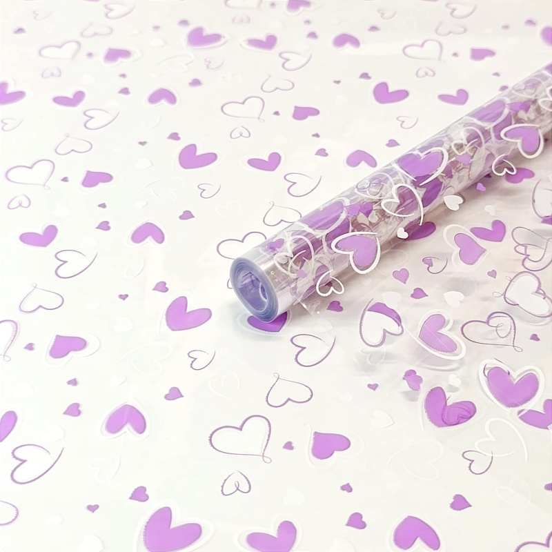 Пленка прозрачная двухцветная Сердечки 2 бело-сиреневые 70см*200гр ± 5%