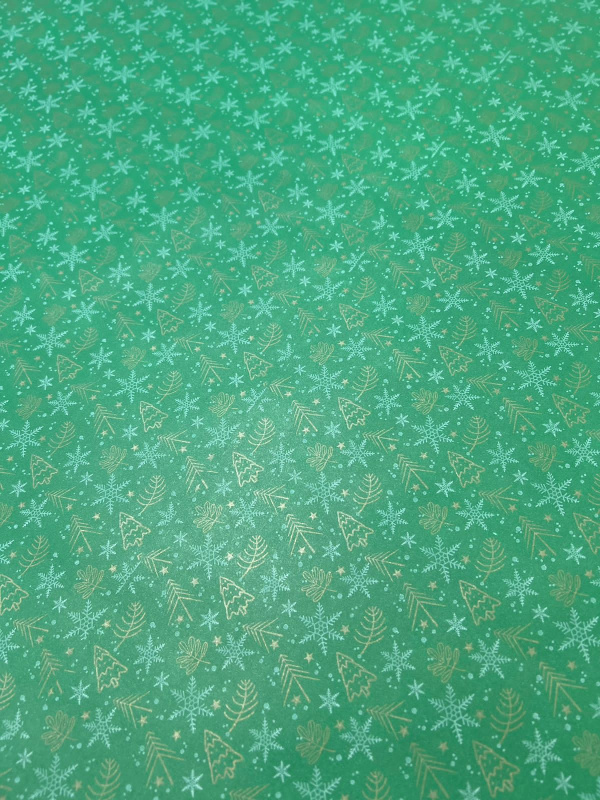 Упаковочная новогодняя бумага Елочки зеленая 70см/60пл/10м