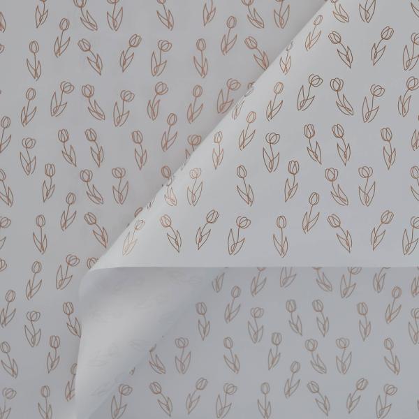 Крафт бумага Тюльпаны золотой цв. на белом мелованном фоне 720мм/60гр/10м± 5%