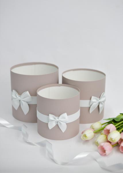 Коробки круглые без крышек Набор из 3х (16*16/18*18/20*20) с бантиком серый