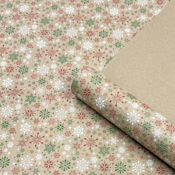 Упаковочная новогодняя бумага Снегопад красный/зеленый/белый на коричневом 680мм/60гр/10м ± 5%