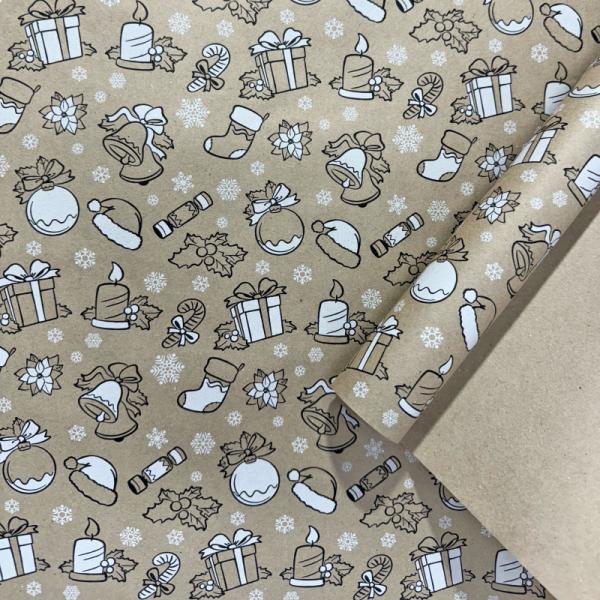 Упаковочная бумага Новогодний подарок белый/черный цв. на коричневом 70см/60гр/10м± 5%