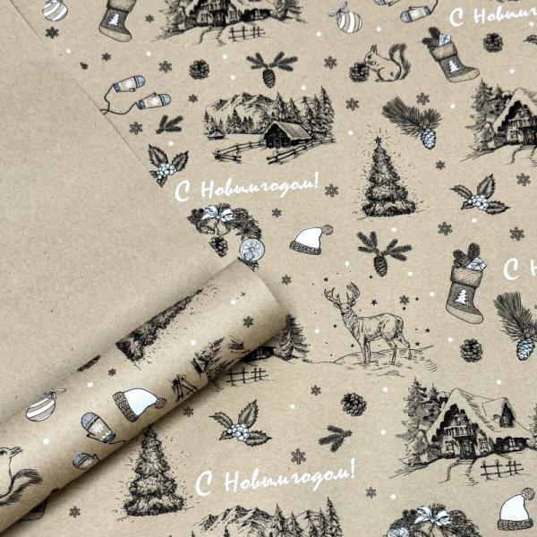 Упаковочная бумага Деревенька белый/черный на коричневом фоне 720мм/60гр/10м ± 5%