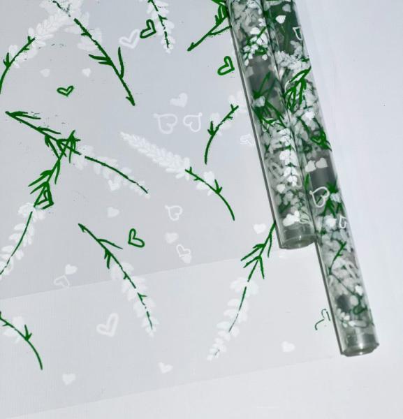 Пленка прозрачная двухцветная с рисунком Лаванда бело-зеленая 70см*10ярд ± 5%