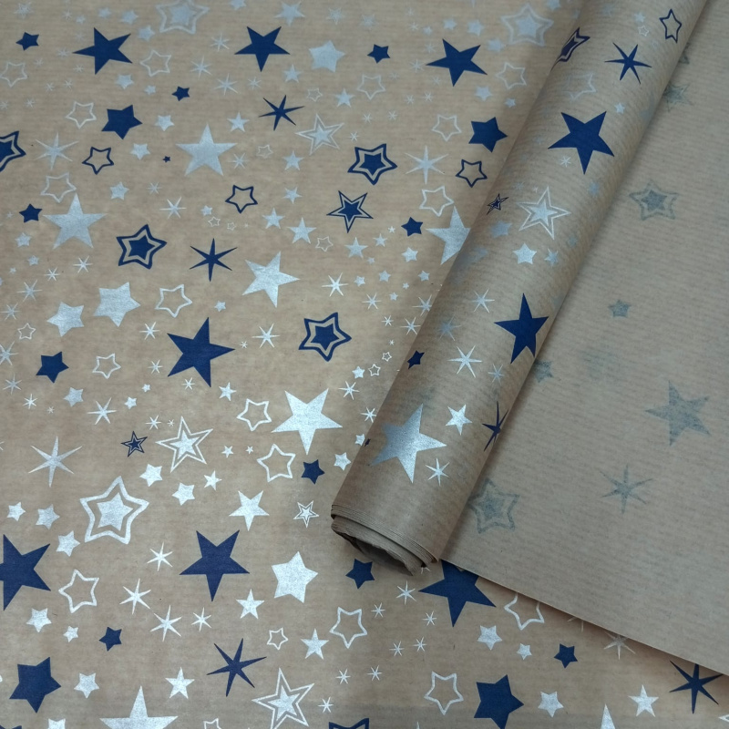 Крафт бумага Звезды голубой/серебро на коричневом фоне 720мм/40гр/10м± 5%