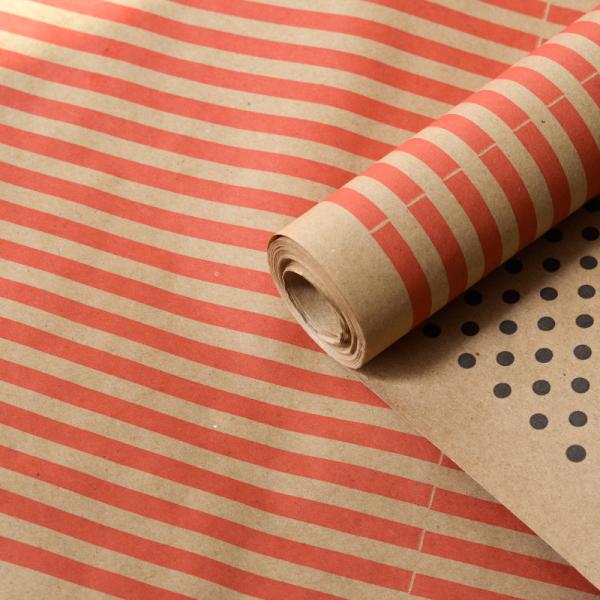 Крафт бумага двухст. Полоска красный/Крафтовый горох черный на коричневом 70 см* 8,5 м ± 5%