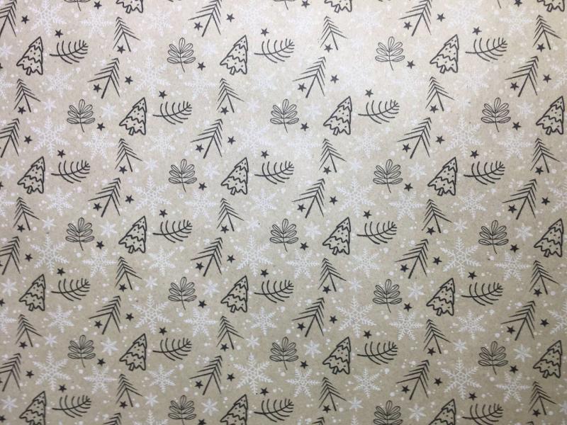 Упаковочная новогодняя бумага Елочки цв.черный/белый на корочневом 70см/60пл/10м