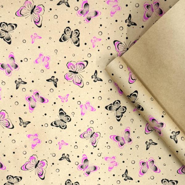 Крафт бумага Бабочки черный/розовый на коричневом фоне 720мм/60гр/10м ± 5%