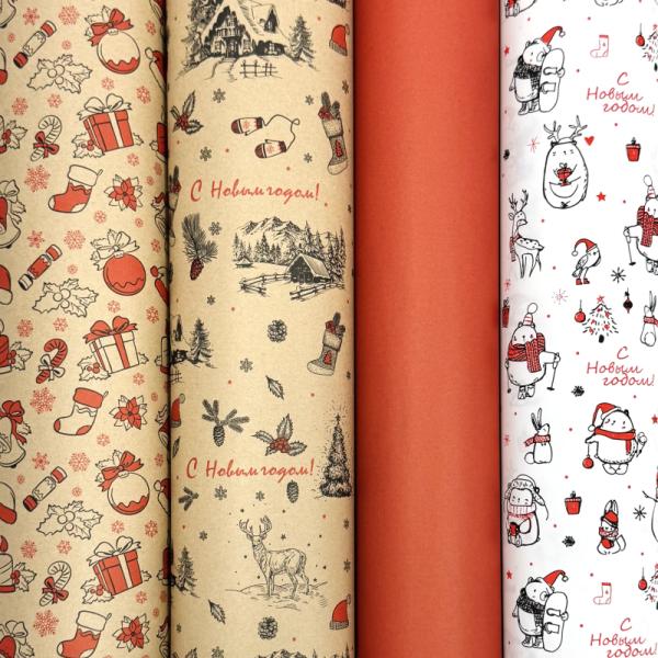 Крафт бумага набор листов Новый год красный 0,68*1м 8шт