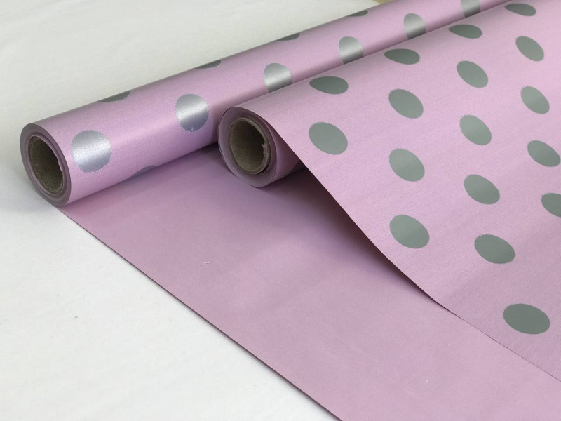 Пленка матовая 2-х сторонняя с рисунком виолетт-горох серебро 580мм/12м±5% 50мкр
