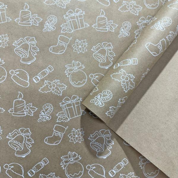 Упаковочная бумага Новогодний подарок белый цв. на коричневом 70см/60гр/10м± 5%