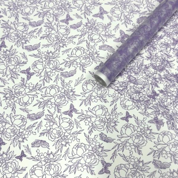 Пленка матовая Контурные пионы сиреневый 60см,50мкм,10м