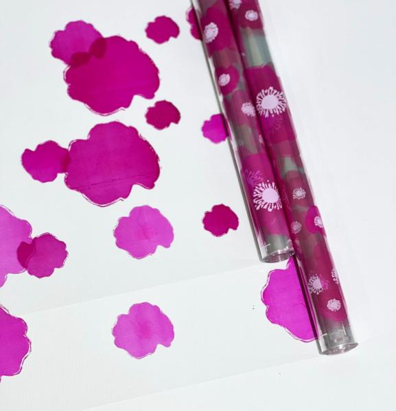 Пленка прозрачная двухцветная с рисунком Маки бело-фуксия 70см*10ярд ± 5%