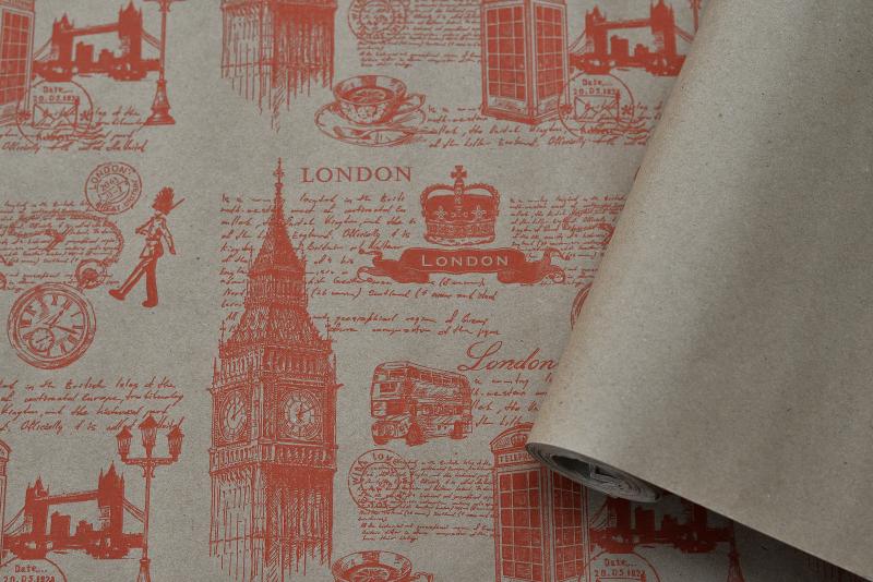 Крафт бумага Лондон красный на коричневом фоне 720мм/60гр/10м± 5%