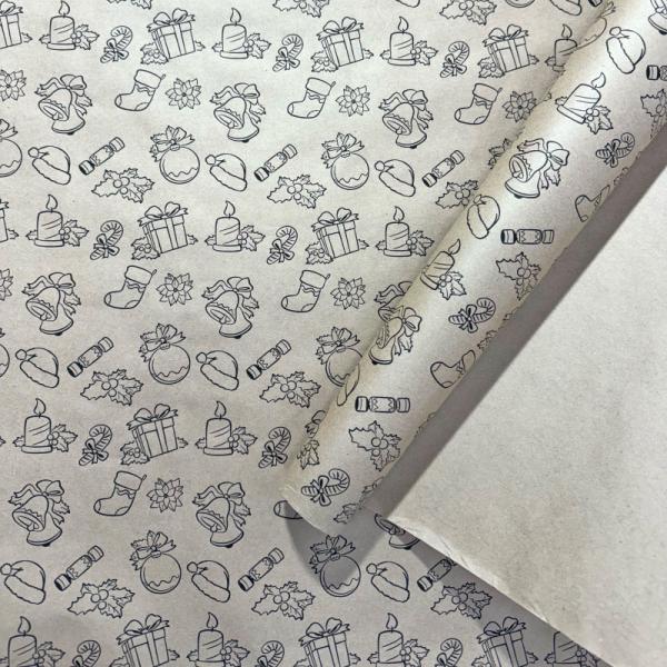 Упаковочная бумага Новогодний подарок черный цв. на коричневом 70см/60гр/10м± 5%