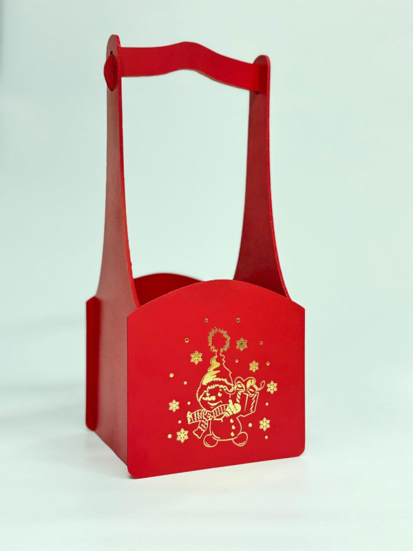 Декоративный ящик квадратный с тиснением 140*125*h300 Снеговик (золото) красный