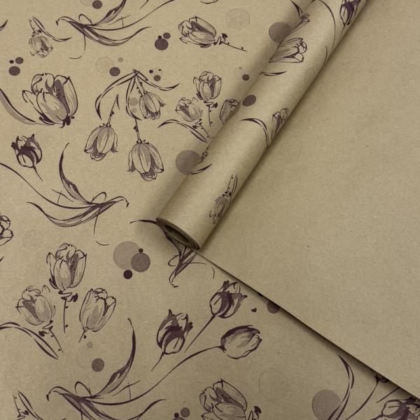 Крафт бумага Цветочный вальс бордовый на коричневом 720мм/60гр/10м ± 5%