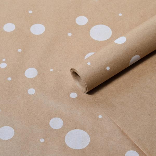 Крафт бумага Горошина крупная белый цв. на коричневом фоне  70 см*8,5 ярд ± 5%