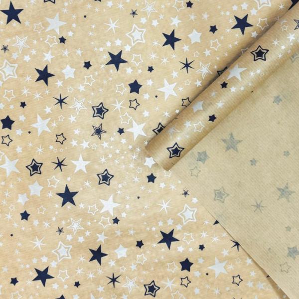 Крафт бумага Звезды белый/графитовый на коричневом фоне 720мм/40гр/10м± 5%