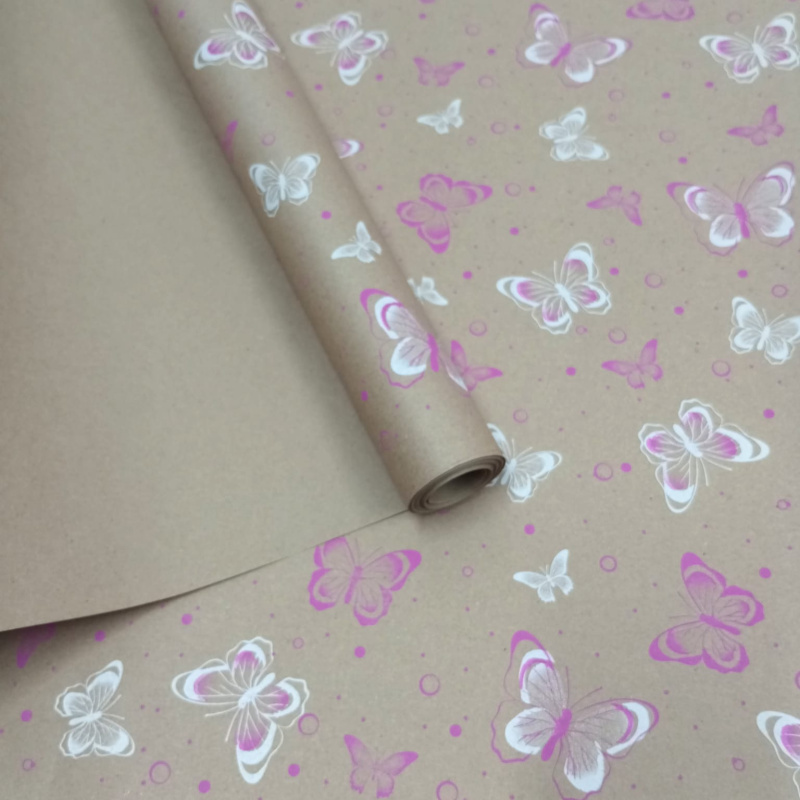 Крафт бумага Бабочки розовый/белый на коричневом фоне720мм/60гр/10м ± 5%
