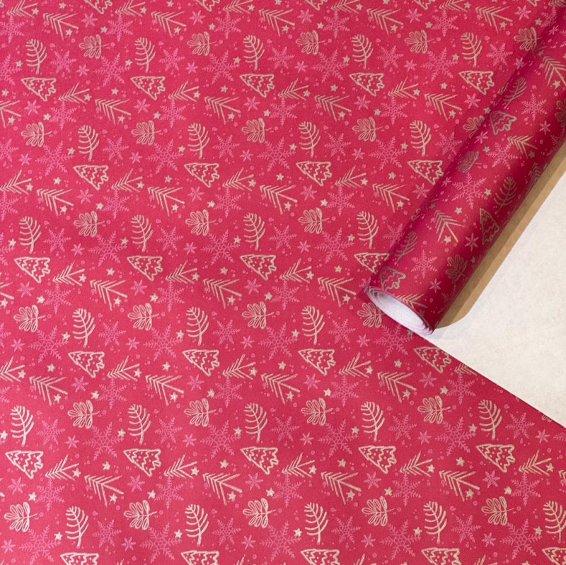 Упаковочная новогодняя бумага Елочки красная 68см/60пл/10м