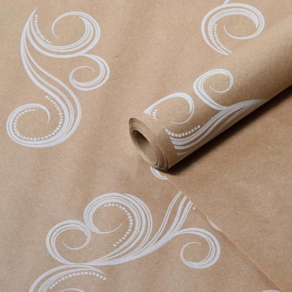 Крафт бумага Завитки белый цв. на коричневом фоне 70 см*8,5 ярд ± 5%