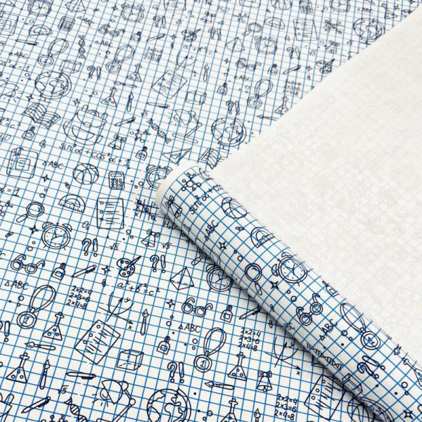 Крафт бумага Школьная пора голубой/синий на белом фоне 700мм*10 м ± 5%