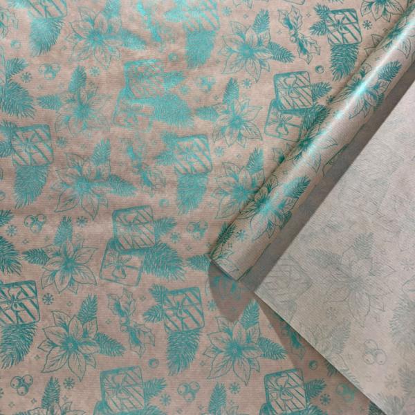 Упаковочная новогодняя бумага Цветы перламутровый изумруд  на коричневом 68см/40пл/10м