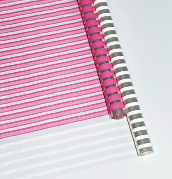 Пленка прозрачная двухцветная с рисунком Полоски бело-розовая 70см*10ярд ± 5%