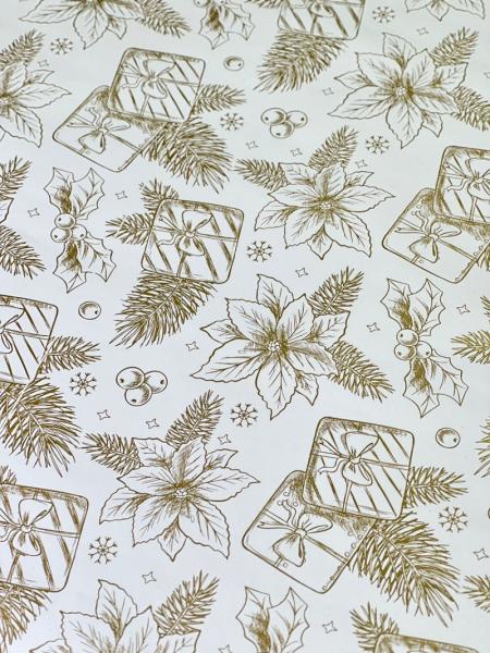 Упаковочная новогодняя бумага Цветы золотая 70см/60пл/10м