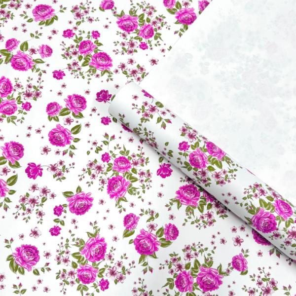 Крафт бумага Пионы розовый на белом фоне 720мм/60гр/10м ± 5%
