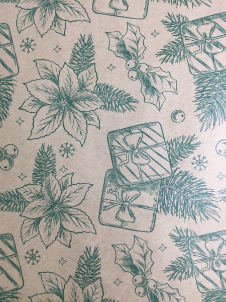 Упаковочная новогодняя бумага Цветы зеленая 70см/60пл/10м