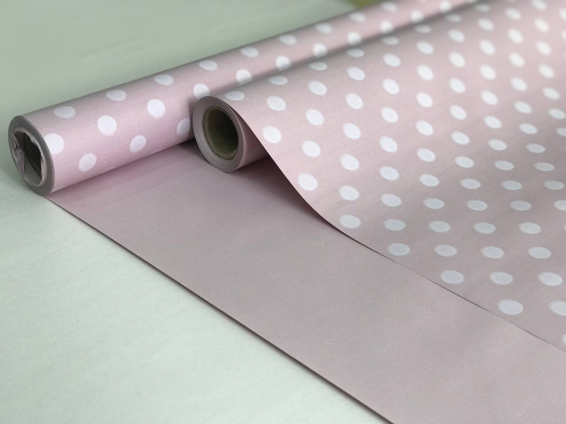 Пленка матовая 2-х сторонняя с рисунком виолетт-горох белый 580мм/12м±5% 50мкр