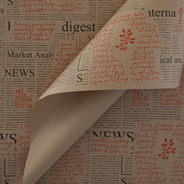 Крафт бумага Газета цв.черно-красный на коричневом фоне 720мм/60гр/60мкр/10м± 5%