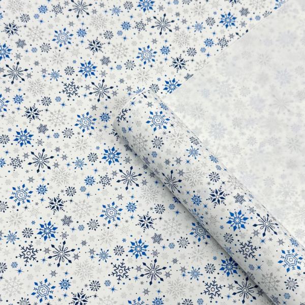 Упаковочная новогодняя бумага Снегопад голубой/синий/серебро на белом 680мм/60гр/10м ± 5%