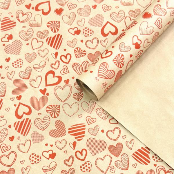 Крафт бумага Сердечное ассорти красный на коричневом фоне 720мм/60гр/10м ± 5%