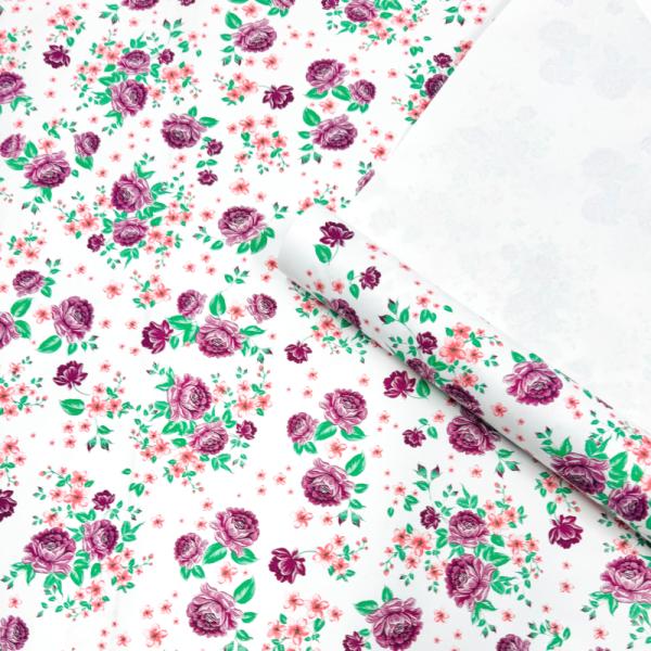 Крафт бумага Пионы сиреневый на белом фоне 720мм/60гр/10м ± 5%