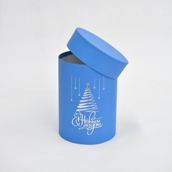 Коробка цилиндр 13*18 синий с тиснением НГ серебро Елка