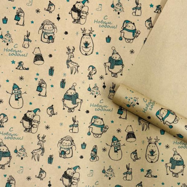 Упаковочная бумага Новогодние друзья изумруд/черный на коричневом фоне 720мм/60гр/10м ± 5%