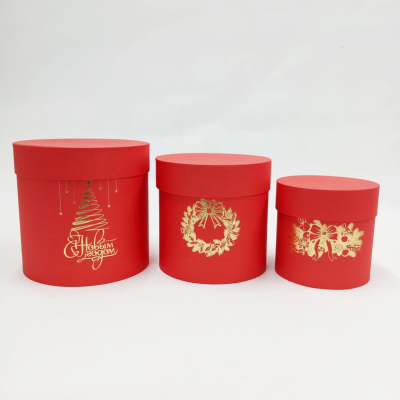 Набор шляпных коробок 3в1 красный с тиснением НГ золото,18*18/16*16/13*13