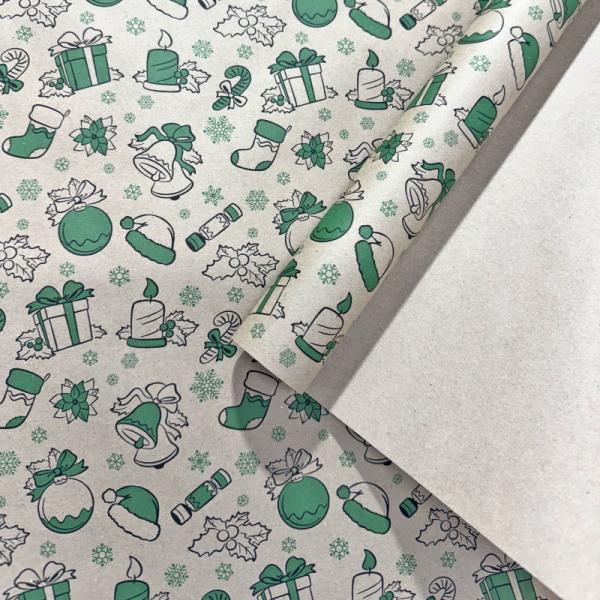 Упаковочная бумага Новогодний подарок зеленый/черный цв. на коричневом 70см/60гр/10м± 5%