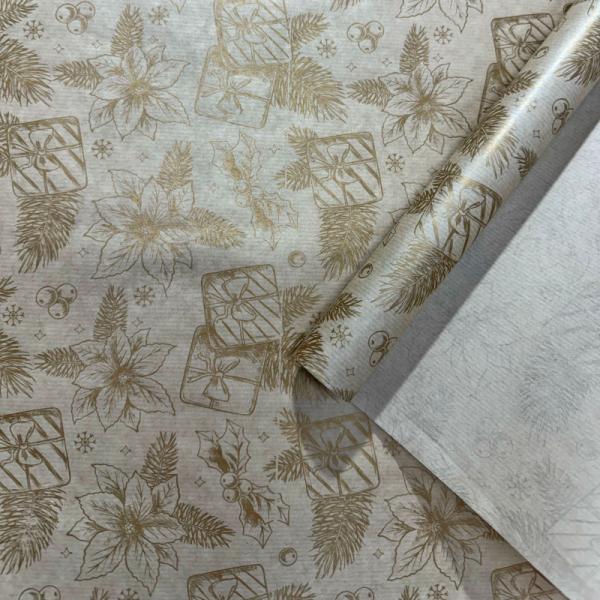 Упаковочная новогодняя бумага Цветы золото на коричневом 68см/40пл/10м