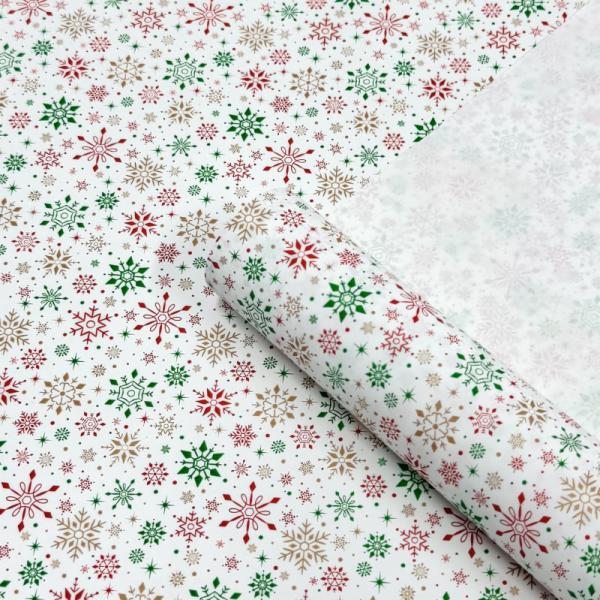 Упаковочная новогодняя бумага Снегопад красный/зеленый/золото на белом 680мм/60гр/10м ± 5%