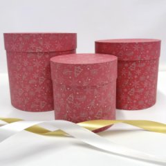 Набор шляпных коробок 3в1 малиновый/новогодний рисунок. 18*18/16*16/13*13