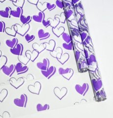 Пленка прозрачная двухцветная с рисунком Сердечки бело-сиреневая 70см*10ярд ± 5%