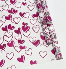 Пленка прозрачная двухцветная с рисунком Сердечки бело-фуксия 70см*10ярд ± 5%