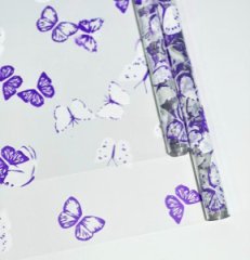 Пленка прозрачная двухцветная с рисунком Бабочки бело-сиреневая 70см*10ярд ± 5%